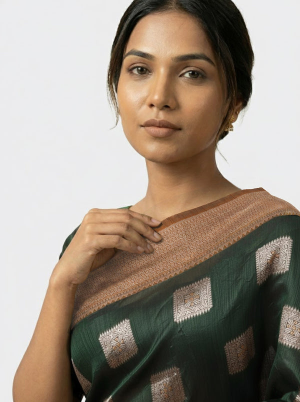 Semi Silk Elegant Bottle Green Saree with Modern Box Pattern