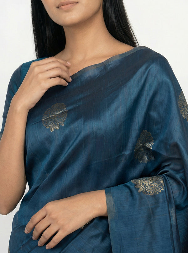 Semi Silk Peacock Blue Saree for Women with Gapped Butta Pattern