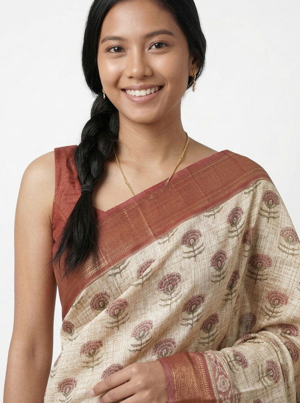 Chanderi Cotton  Beige Floral Butta Printed Saree