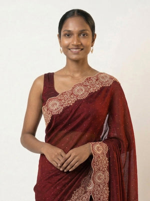 Shimmer Organza Brick Brown Plain Designer Saree with Micro Dot Work and Heavy Embroidered Border