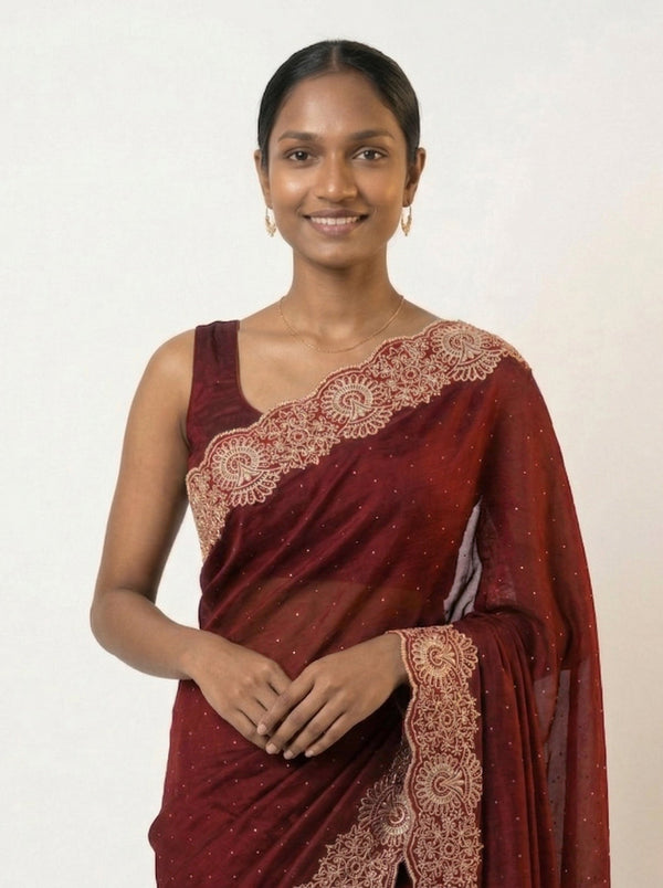Shimmer Organza Brick Brown Plain Designer Saree with Micro Dot Work and Heavy Embroidered Border