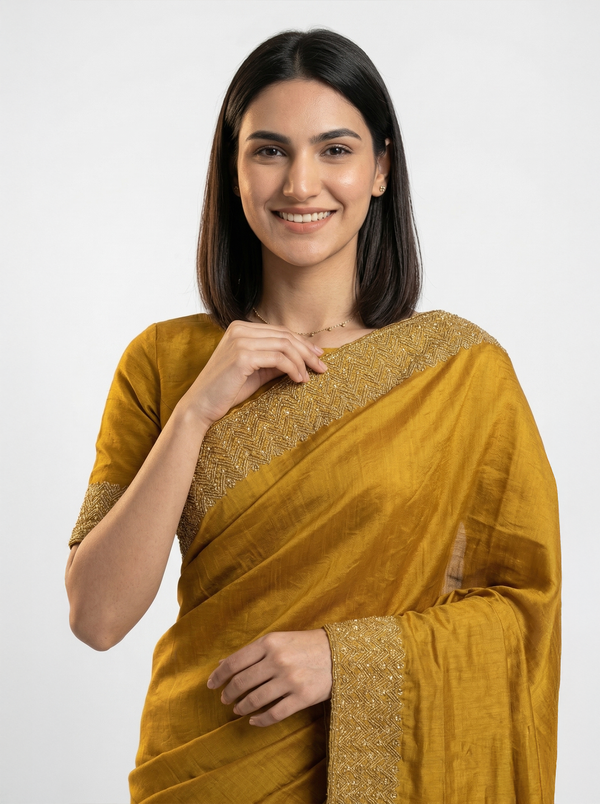 Vijithra Silk Mustard Yellow  Zari Scalloped Border Designer Saree