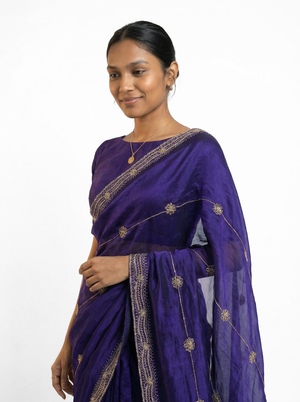 Organza Royal Blue Stone Work  Designer Saree
