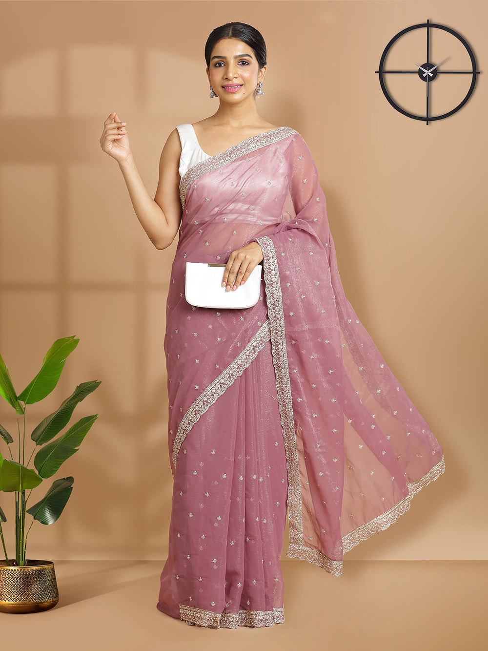 Onion Pink Georgette Tissue Saree With Golden Thread And Stones Over Body