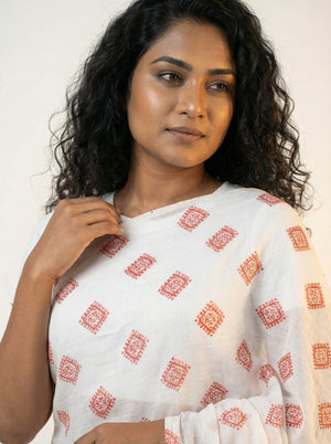 Chiffon White Saree for Women with Red Diamond Block Print