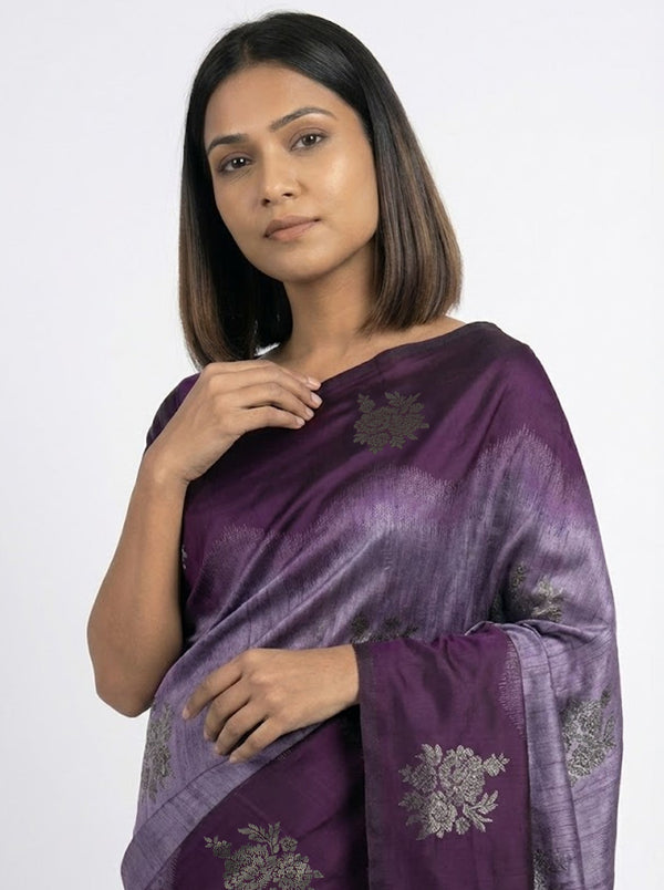 Semi Silk Women’s Lavender Saree with Contrast Wine Blouse