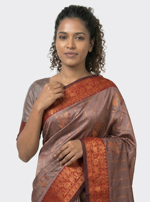 Semi Silk Ivory Brown Saree for Women with Maroon Small Buttas Blouse – Festive Wear