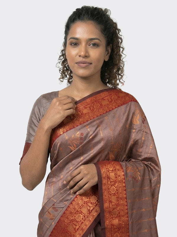 Semi Silk Ivory Brown Saree for Women with Maroon Small Buttas Blouse – Festive Wear