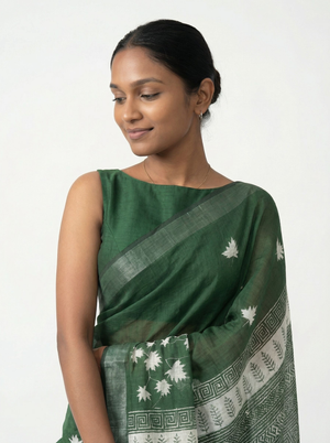 Chanderi Cotton Dark Green Floral Printed Pattern Saree