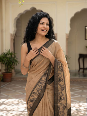Tussar Natural Beige Printed Kalamkari Border Saree