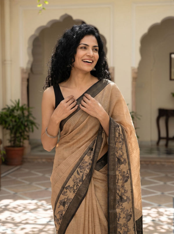 Tussar Natural Beige Printed Kalamkari Border Saree