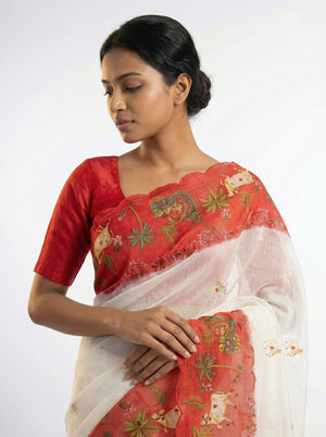 Cotton Off White Saree with Red Border and Decorative Traditional Pattern
