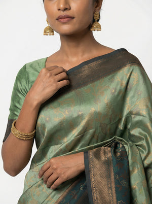 Semi Silk Saree with Floral Border and Bottle Green Golden Butta Blouse Piece