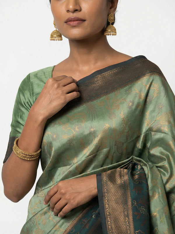 Semi Silk Saree with Floral Border and Bottle Green Golden Butta Blouse Piece