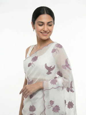 Organza Off White Floral Bird Print Designer Saree with Embroidered Border