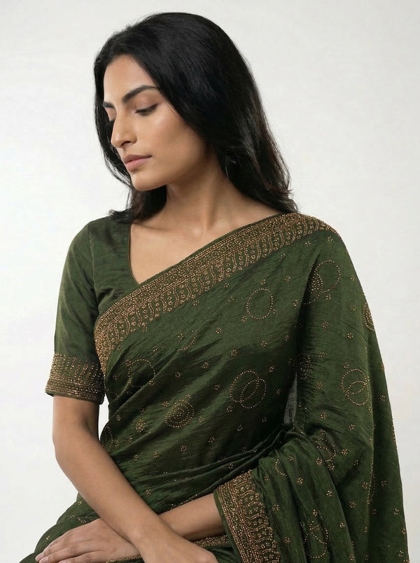 Vijithra Silk Green Circle Pattern Stone Work Designer Saree
