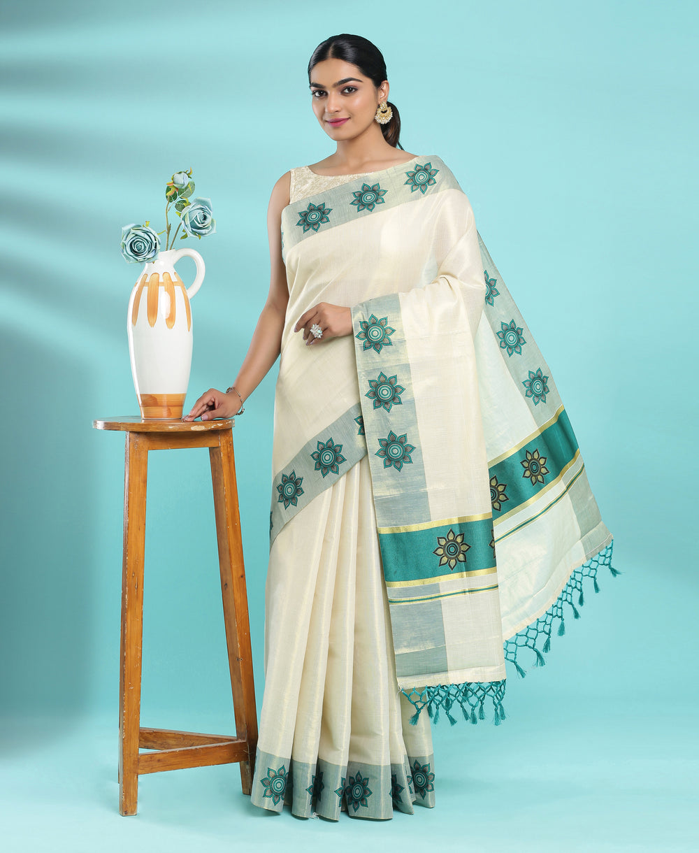Kerala Tissue Golden & Green Block Print Set Saree