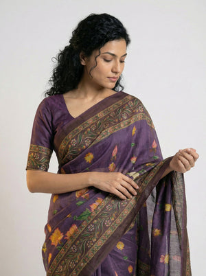 Cotton Purple Saree with Multicolor Floral Prints and Designer Border