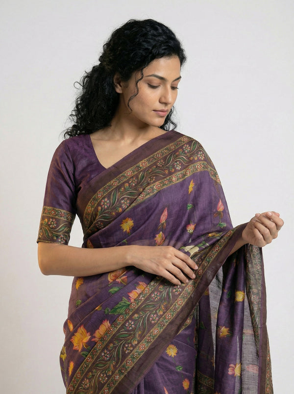 Cotton Purple Saree with Multicolor Floral Prints and Designer Border