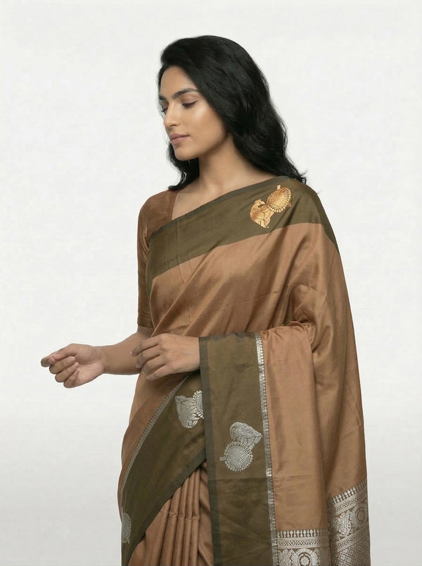 Art Silk Brown Butta Printed Saree with Contrast Border