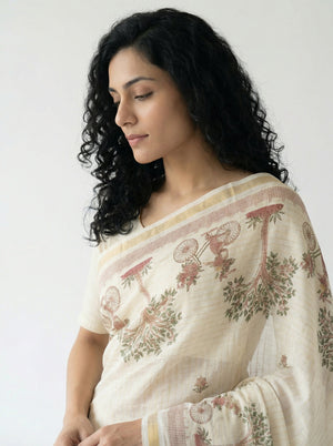 Cotton Off White Saree with Village Scene Print Design