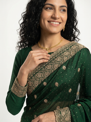 Organza Emerald Green Zari Butta Embroidered Designer Saree