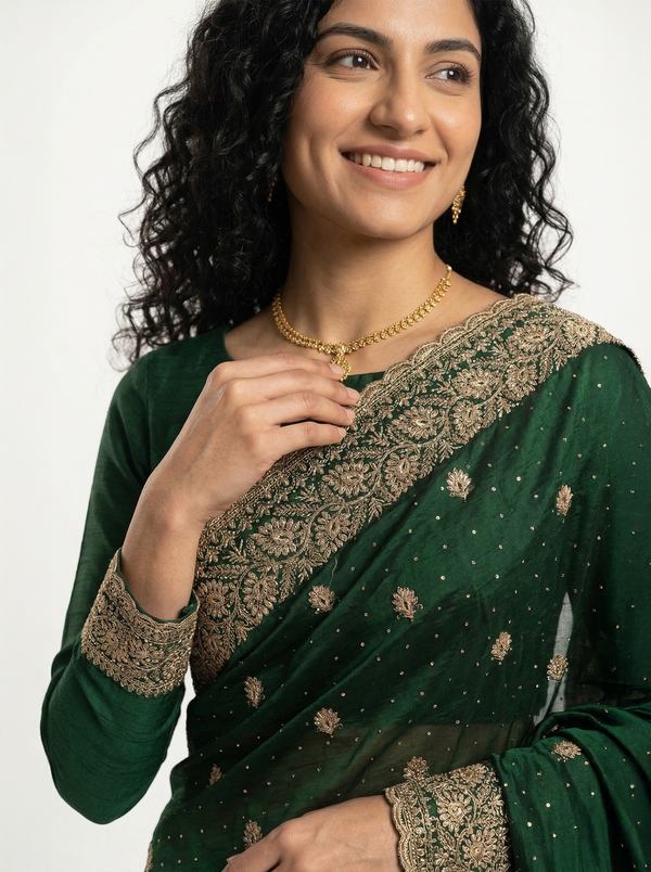 Organza Emerald Green Zari Butta Embroidered Designer Saree