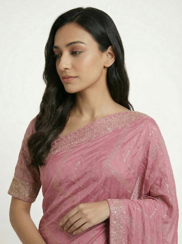 Vijithra Silk Dusty Rose Pink Geometric Shape Stone Work Designer Saree
