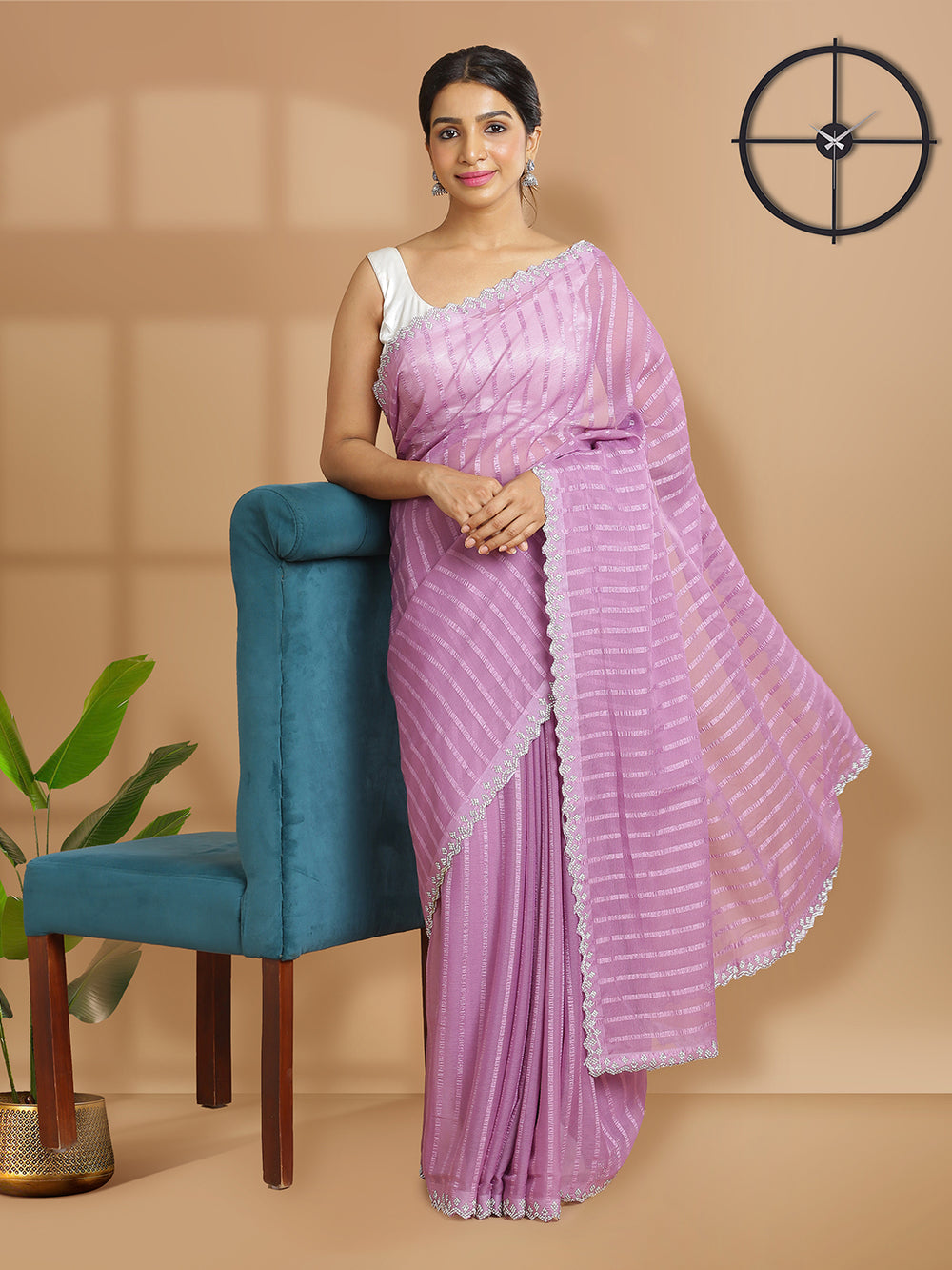 Light Purple Georgette Saree With Self Stripes Over Body