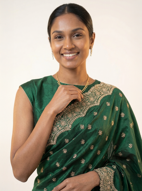Shimmer Organza Bottle Green Polka Dot Designer Saree with Heavy Embroidered Border
