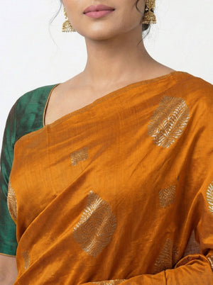 Semi Silk Elegant Mustard  Saree with Contrast Green Brocade Blouse