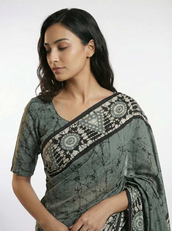 Cotton Sage Green Saree with Artistic Batik Design and Contrast Border