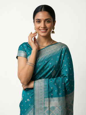 Semi Silk Peacock Green Small Butta Design Saree