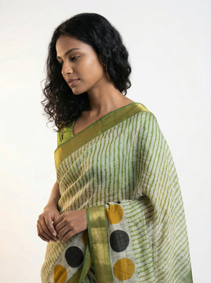 Cotton Green Stripe Pattern Saree with Contrast Polka Dot Pallu