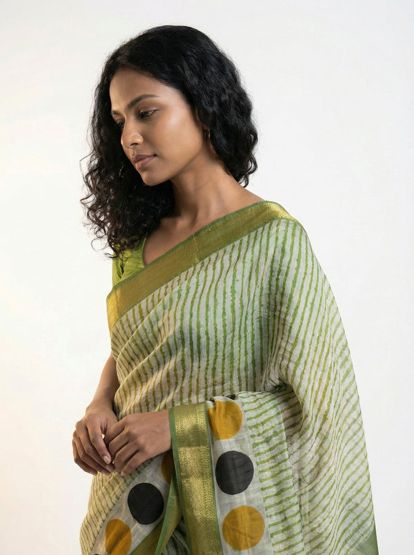 Cotton Green Stripe Pattern Saree with Contrast Polka Dot Pallu