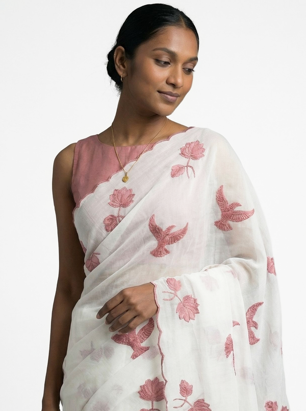 Organza Off White Floral Bird Print Designer Saree with Scalloped Border Detailing