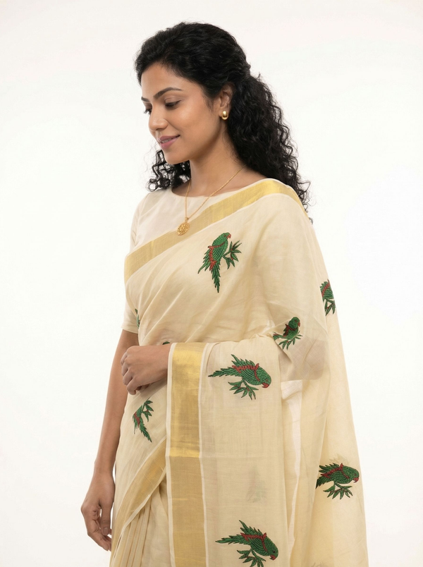 Cotton Cream Saree with Parrot Motif Print Pattern Onam Special Kerala Saree