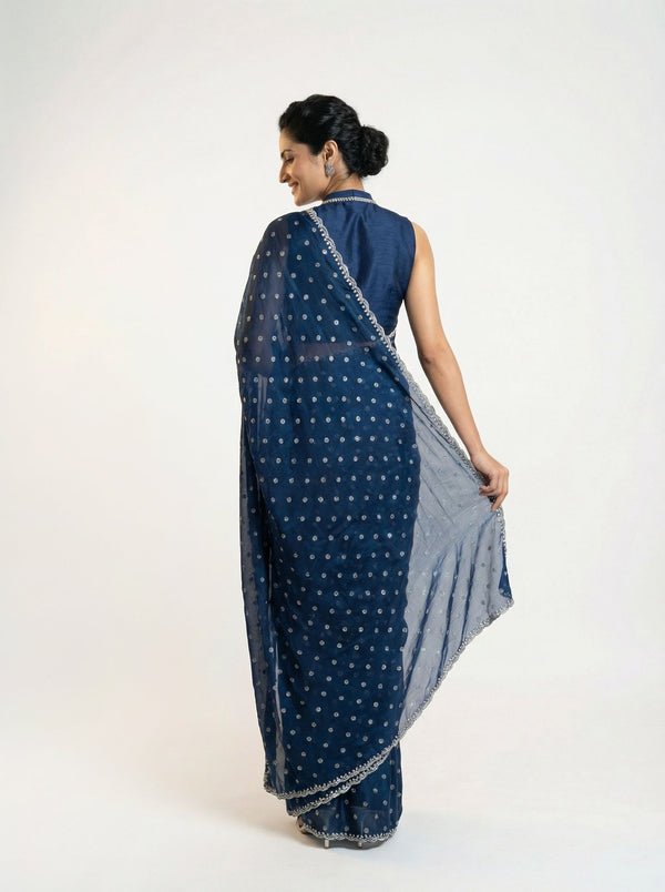 Shimmer Organza Navy Blue Polka Dot Designer Saree with Detailed Border