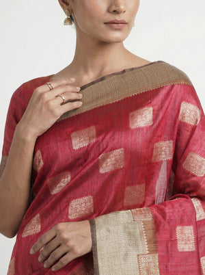 Semi Silk Premium Ruby Pink Saree with Chicku Contrast Blouse
