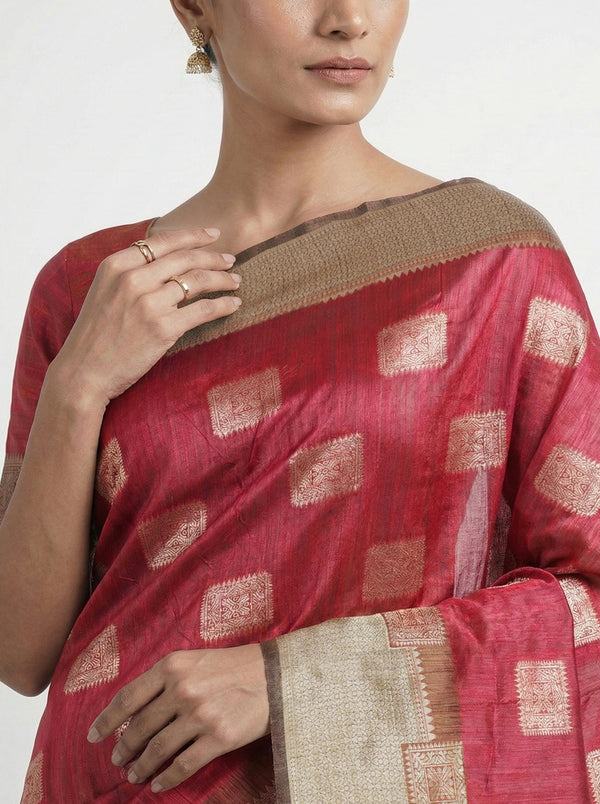 Semi Silk Premium Ruby Pink Saree with Chicku Contrast Blouse