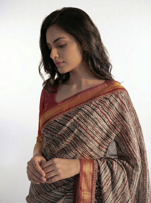 Cotton Beige Printed Saree with Fine Stripe Pattern and Contrast Border