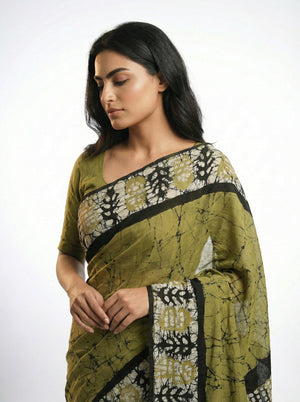 Cotton Saree in Olive Green with Abstract Print and Contrast Border