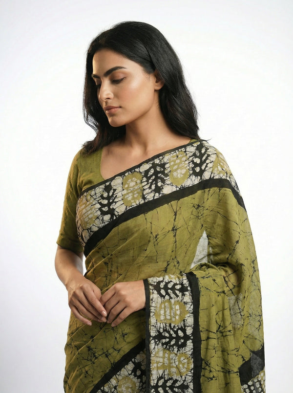 Cotton Saree in Olive Green with Abstract Print and Contrast Border