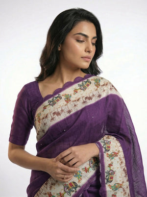 Cotton Silk Purple Ethnic Saree with Cultural Motif Border Design