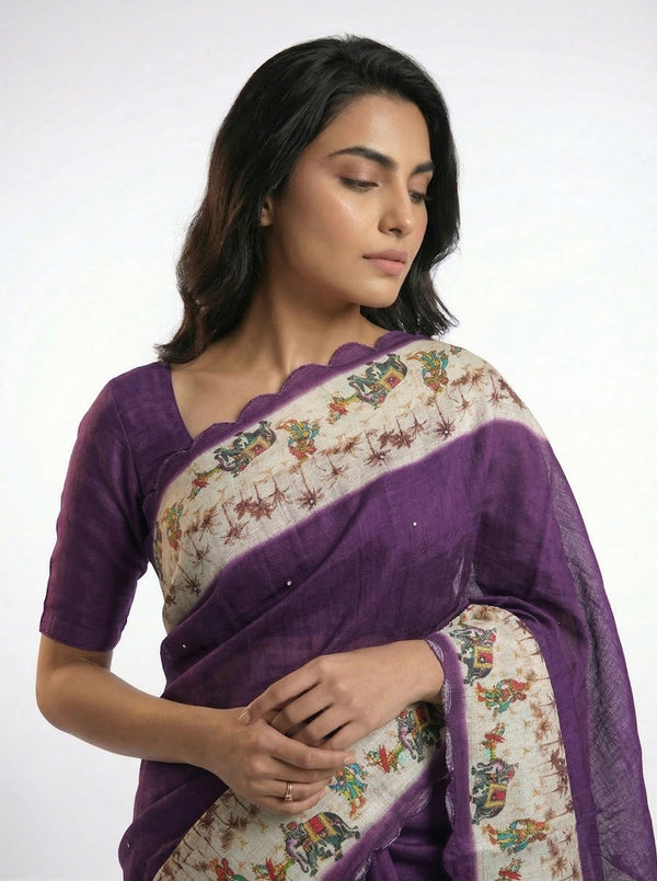 Cotton Silk Purple Ethnic Saree with Cultural Motif Border Design