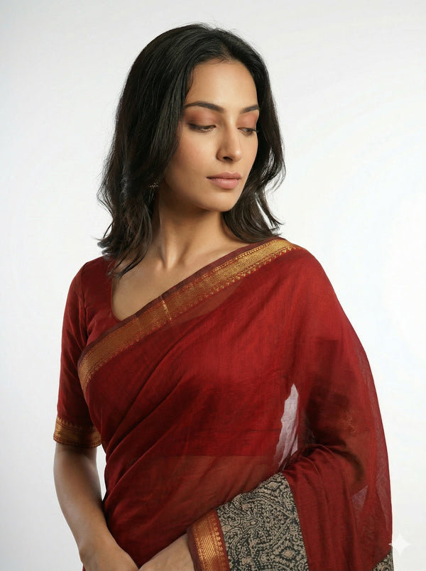 Cotton Red Saree with Traditional Black Printed Border Design