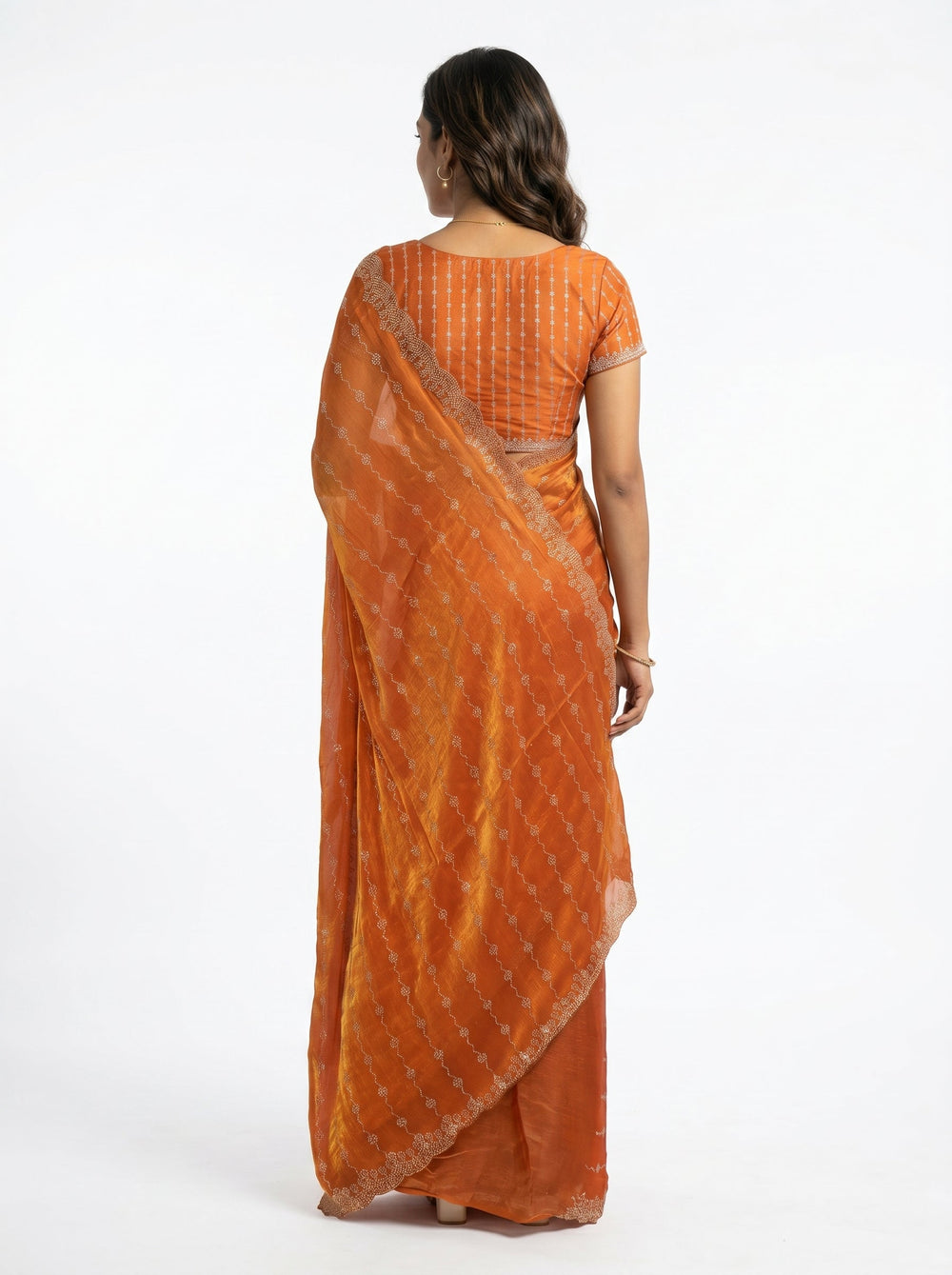Organza Rust Orange Wave Pattern Stone Work  Designer Saree