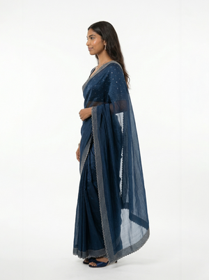 Organza Navy Blue Minimal Small Stone Work  Border Designer Saree