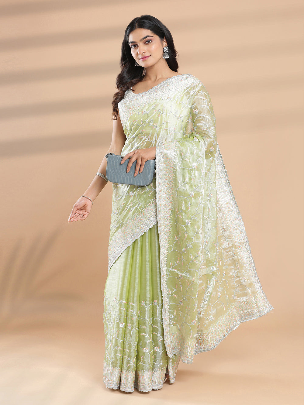 Light Pista Green Color Glass Organza Saree With Embroidery And Mini stone Work Design