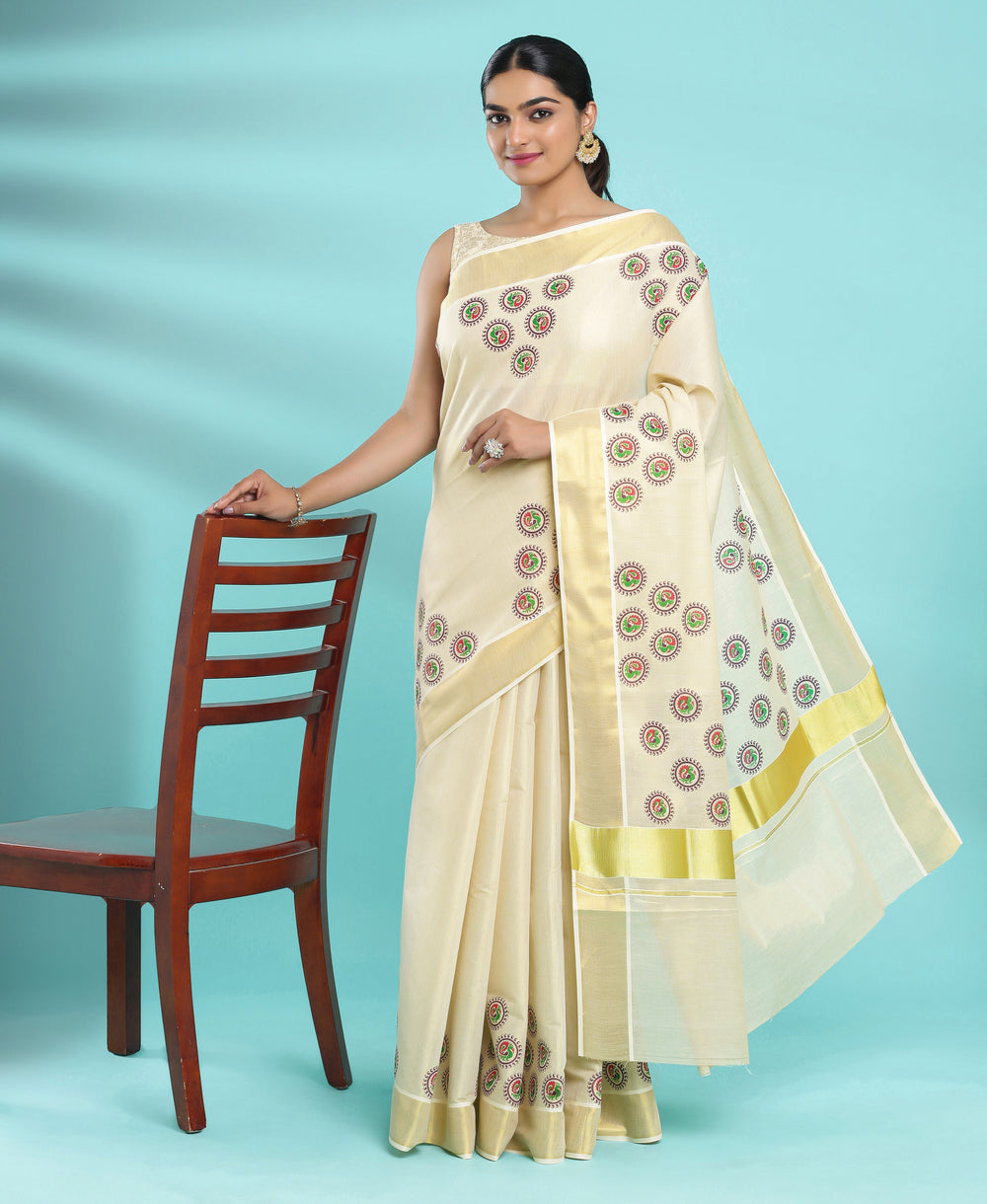 Kerala Tissue Block Print Set Saree